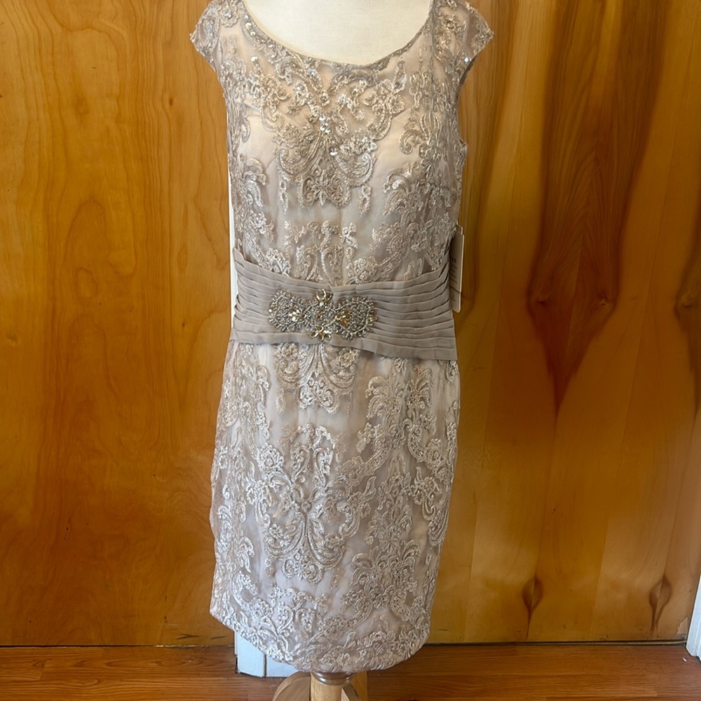 Lace and sequin formal knee length dress in a taupe color size 14